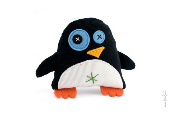 mini penguin, black & white, cotton corduroy, wool felt, handmade soft toys, unique kids gift, antalou, born in athens