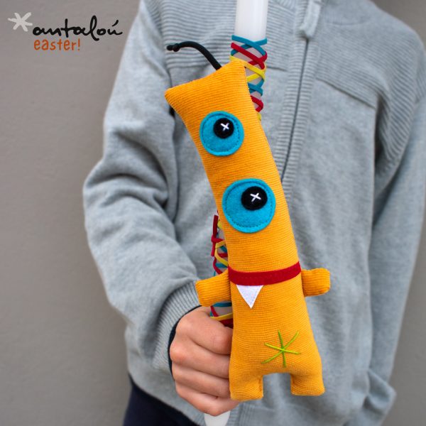 handmade easter candle with yellow alien soft toy by antalou