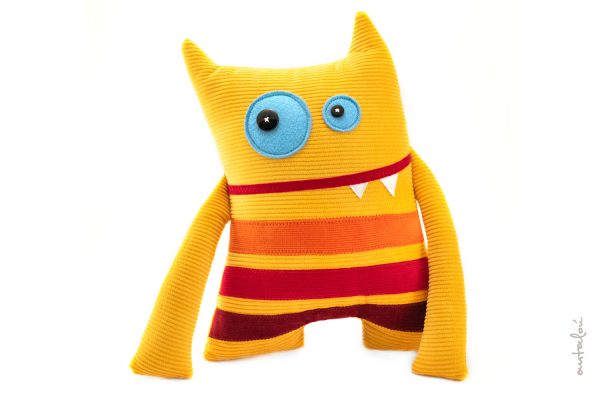 yellow monster with stripes, handmade soft toy by Antalou