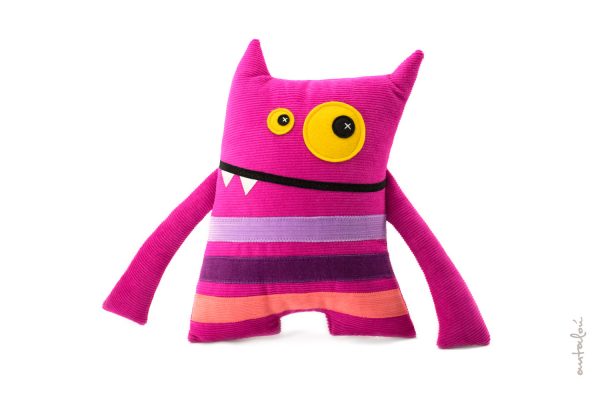pink monster with stripes, handmade soft toy by Antalou