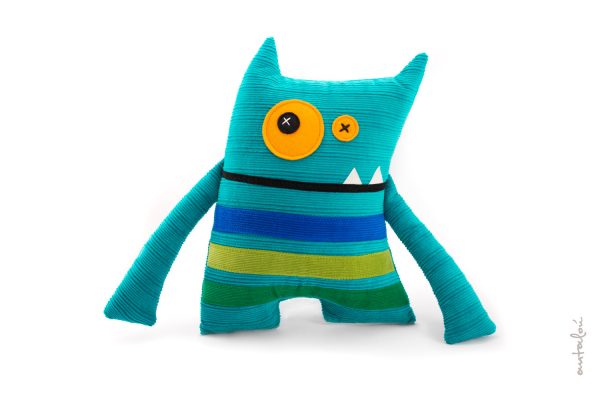 turquoise monster with stripes, handmade soft toy by Antalou
